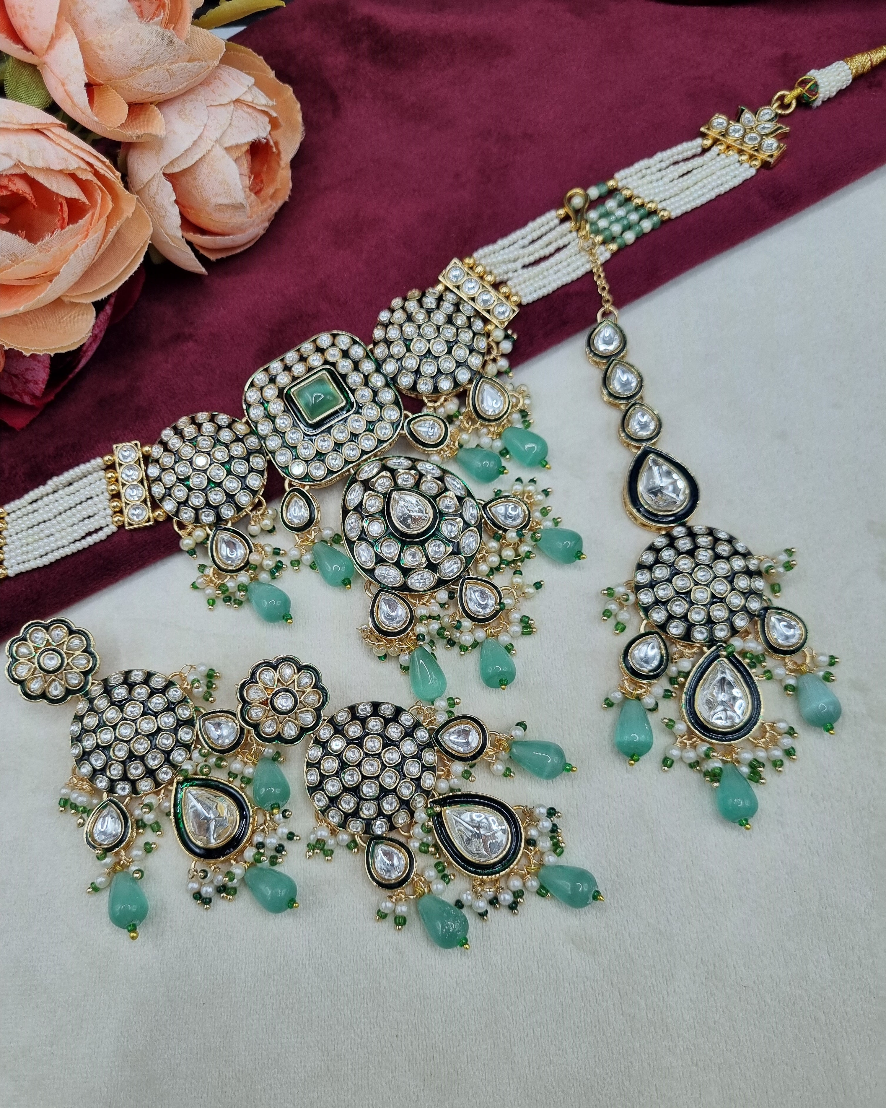 Royal Kundan & Pearl Choker Necklace Set with Maang Tikka & Earrings